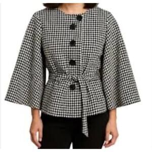 Loft Sz 8 Houndstooth Wool Blend Short Jacket Pea Coat Bell Sleeve Tie Belt Twee